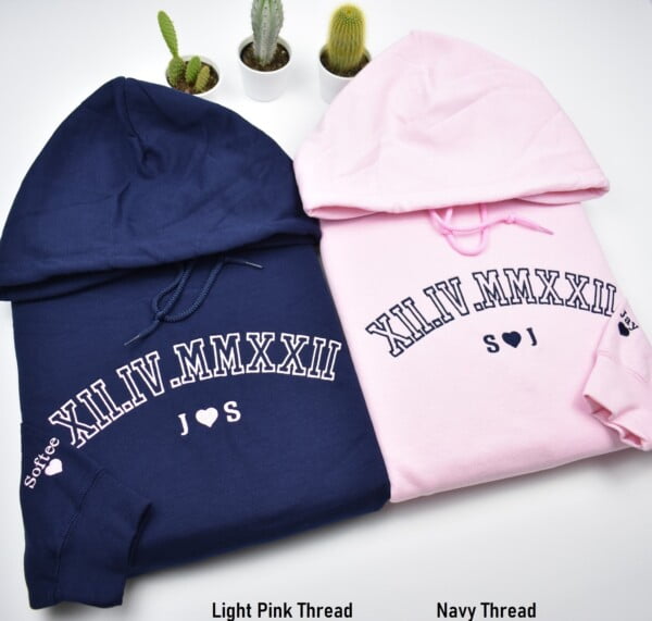 Custom Roman numeral embroidered matching hoodies for couples. Perfect gift for your loved ones. Big embroidered roman numeral sweatshirt with matching colors turn garments into memories. Must have gift for anniversary, valentine's day.