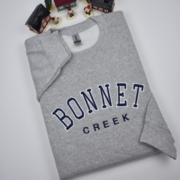 BONNET CREAK custom embroidered sweatshirt. Personalized with navy fill and white outline. Best custom embroidered sweatshirts for any occasion. Best gift for dad, mom, grandpa, grandma, your loved ones or yourself.