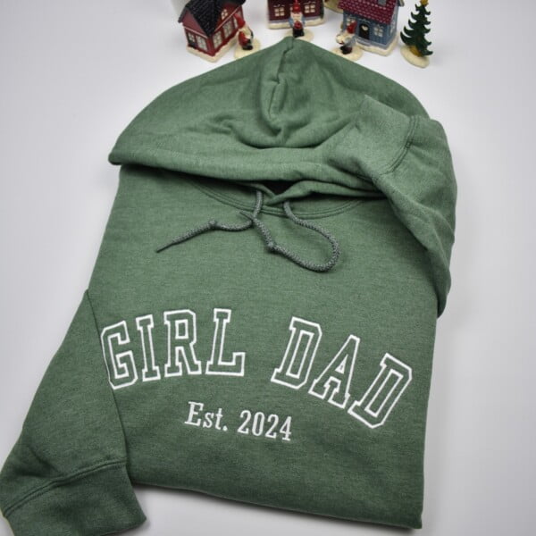 Girl Dad Custom embroidered sweatshirt with athletic font. Name on sleeve embroidery option with heart. Gift for mom, dad, grandpa, grandma. Best matching hoodies. Perfect embroidered personalized gifts.