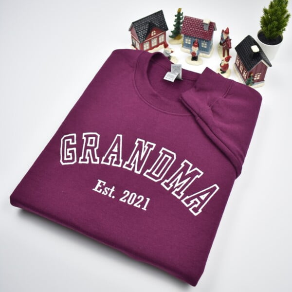 Grandma Custom embroidered sweatshirt with athletic font. Name on sleeve embroidery option with heart. Gift for mom, dad, grandpa, grandma. Best matching hoodies. Perfect embroidered personalized gifts.