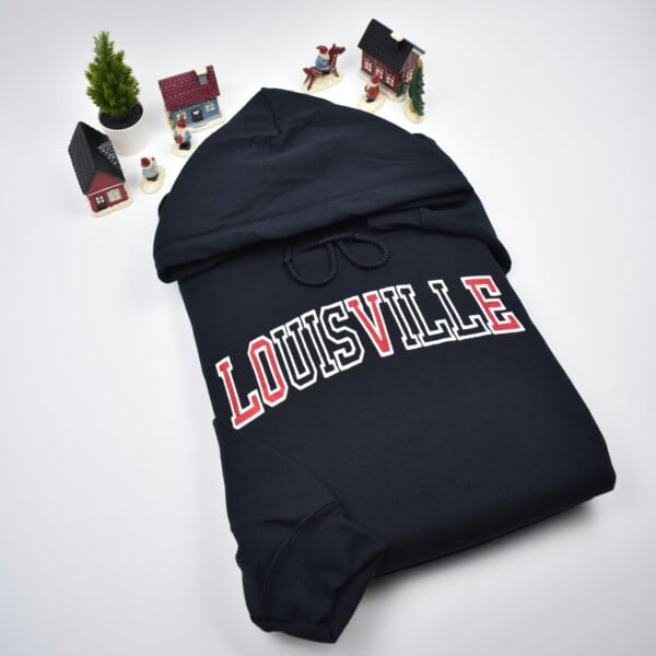 Louisville LOVE embroidered sweatshirt with athletic style text. Louisville Love black hoodie with the white text outline and only the letters LOVE are filled with red.