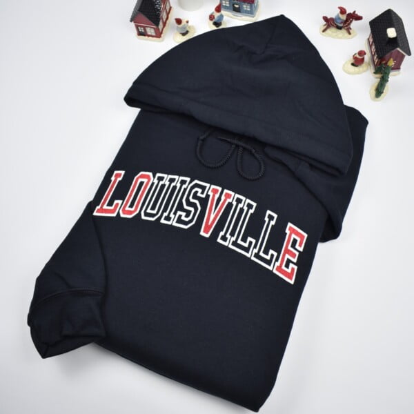 Louisville LOVE embroidered sweatshirt with athletic style text. Louisville Love black hoodie with the white text outline and only the letters LOVE are filled with red.