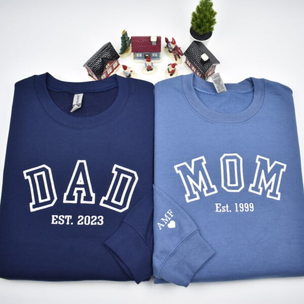 Dad Mom Custom embroidered sweatshirt with athletic font. Name on sleeve embroidery option with heart. Gift for mom, dad, grandpa, grandma. Best matching hoodies. Perfect embroidered personalized gifts.