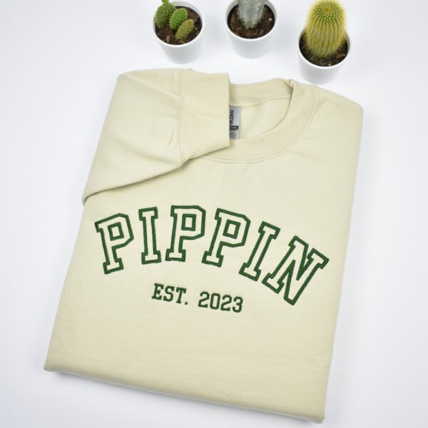 Pippin Custom embroidered sweatshirt with athletic font. Name on sleeve embroidery option with heart. Gift for mom, dad, grandpa, grandma. Best matching hoodies. Perfect embroidered personalized gifts.