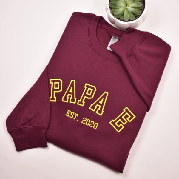 Papa E Custom embroidered sweatshirt with athletic font. Name on sleeve embroidery option with heart. Gift for mom, dad, grandpa, grandma. Best matching hoodies. Perfect embroidered personalized gifts.