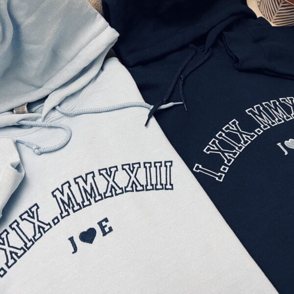 Embroidered Roman Numeral Sweatshirt. Light blue and navy thread.