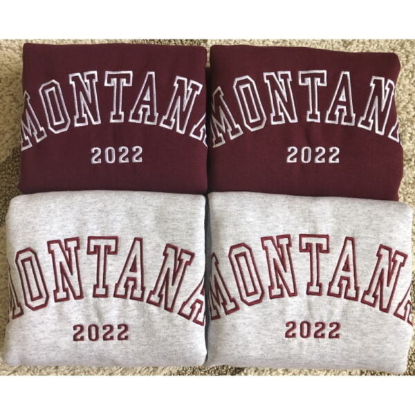 Montana custom embroidered sweatshirts. off-white on maroon and garnet on ash.