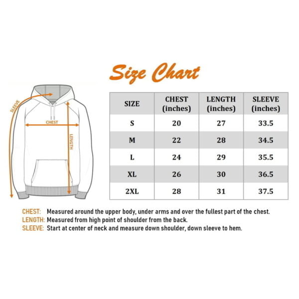 Adult unisex crewneck and hoodie size chart.