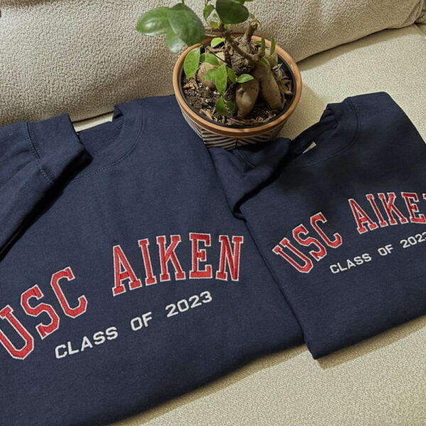 USC AIKEN custom embroider sweatshirt will filled and outlined text.