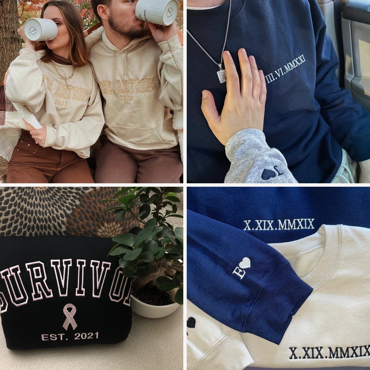 Collage of custom embroidered sweatshirts and tees