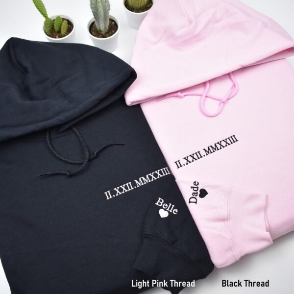 Custom Roman Numeral Date Sweatshirt with Sleeve Name